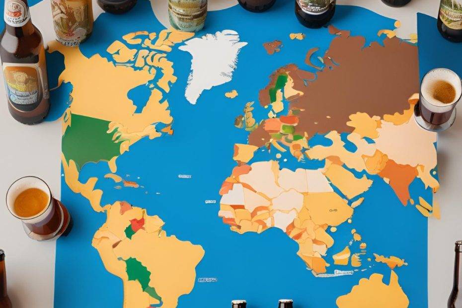 Produção mundial de cerveja caiu em 2023: na imagem, uma mapa mundi com garrafas e copos de cerveja ao redor