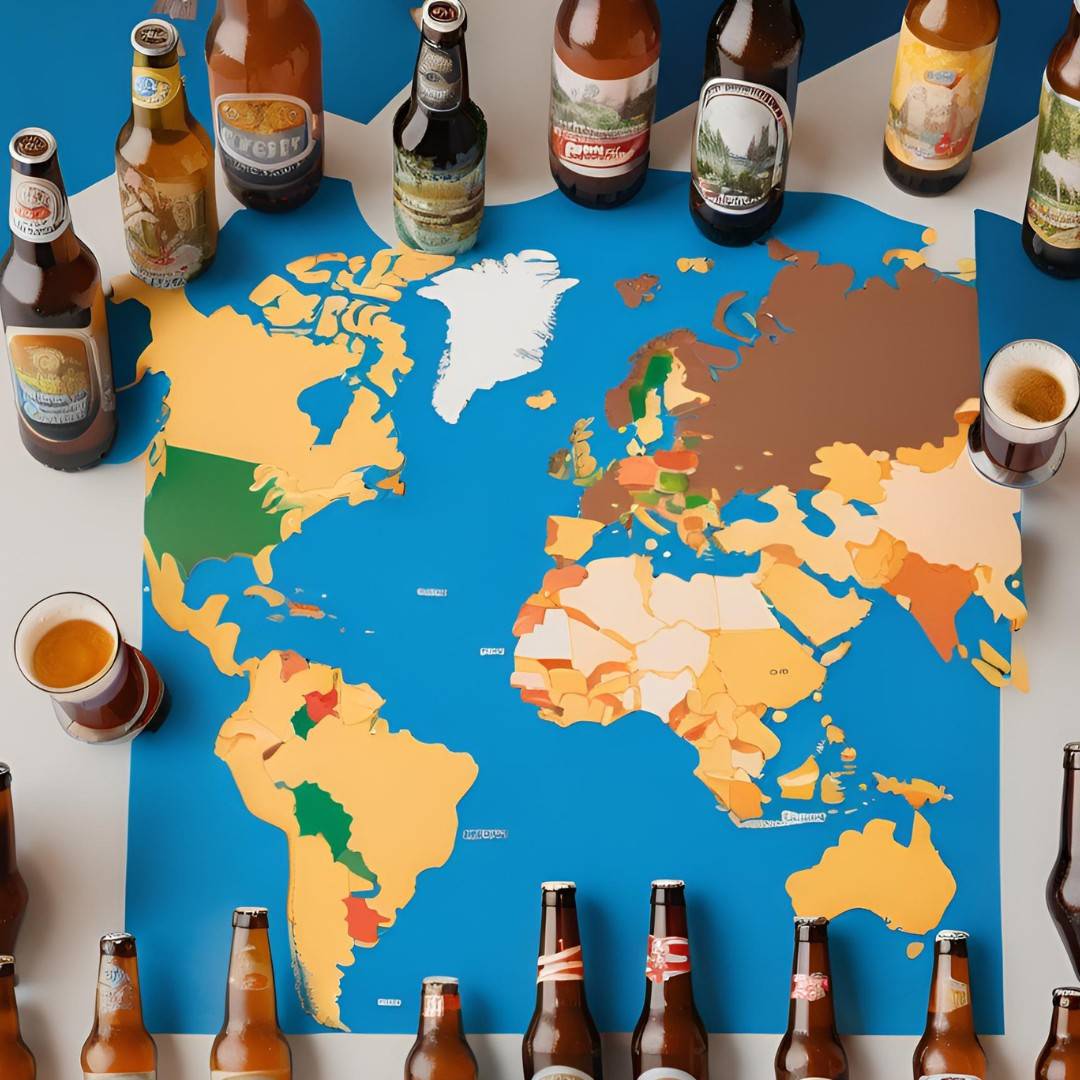 Produção mundial de cerveja caiu em 2023: na imagem, uma mapa mundi com garrafas e copos de cerveja ao redor